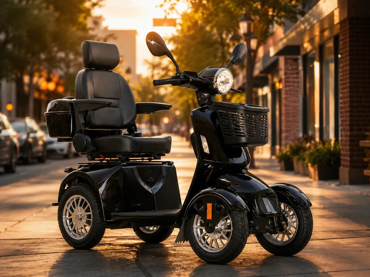 Black mobility scooter QEEKA Heavy-Duty on a city street with sunset lighting
