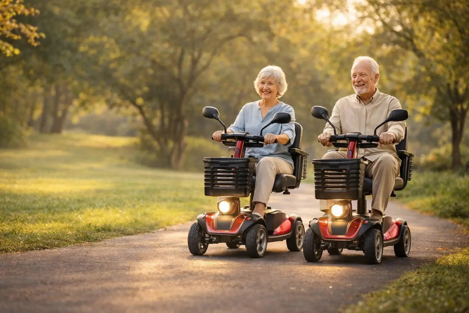 Two elderly people riding mobility scooters in a park.