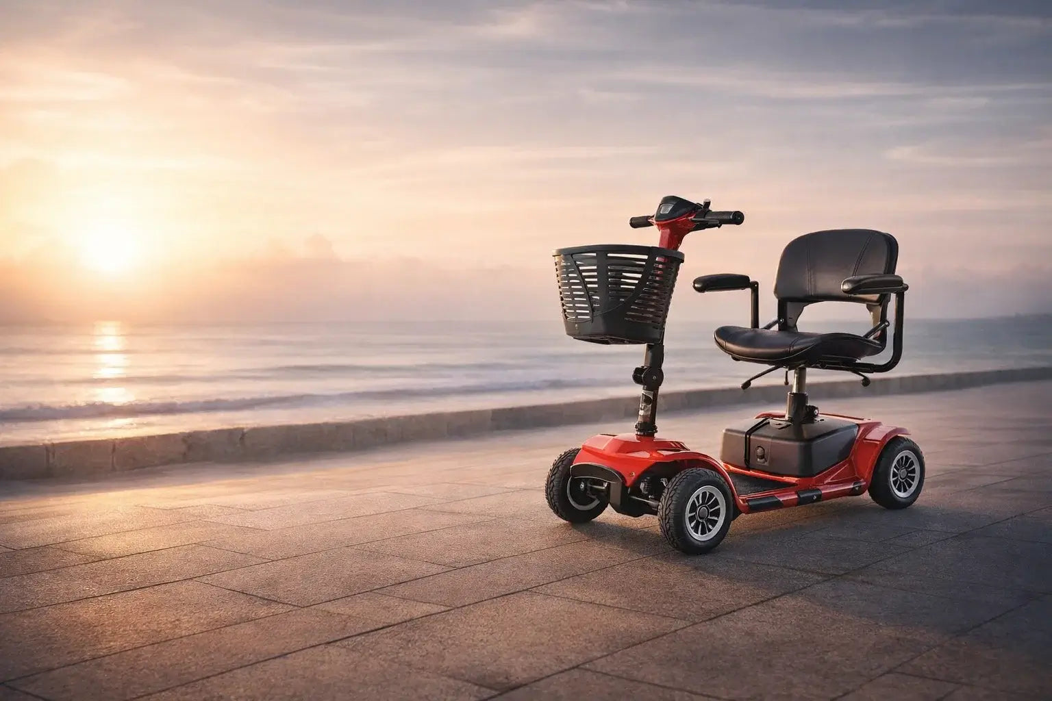 Electric mobility scooter parked on the beach at sunset