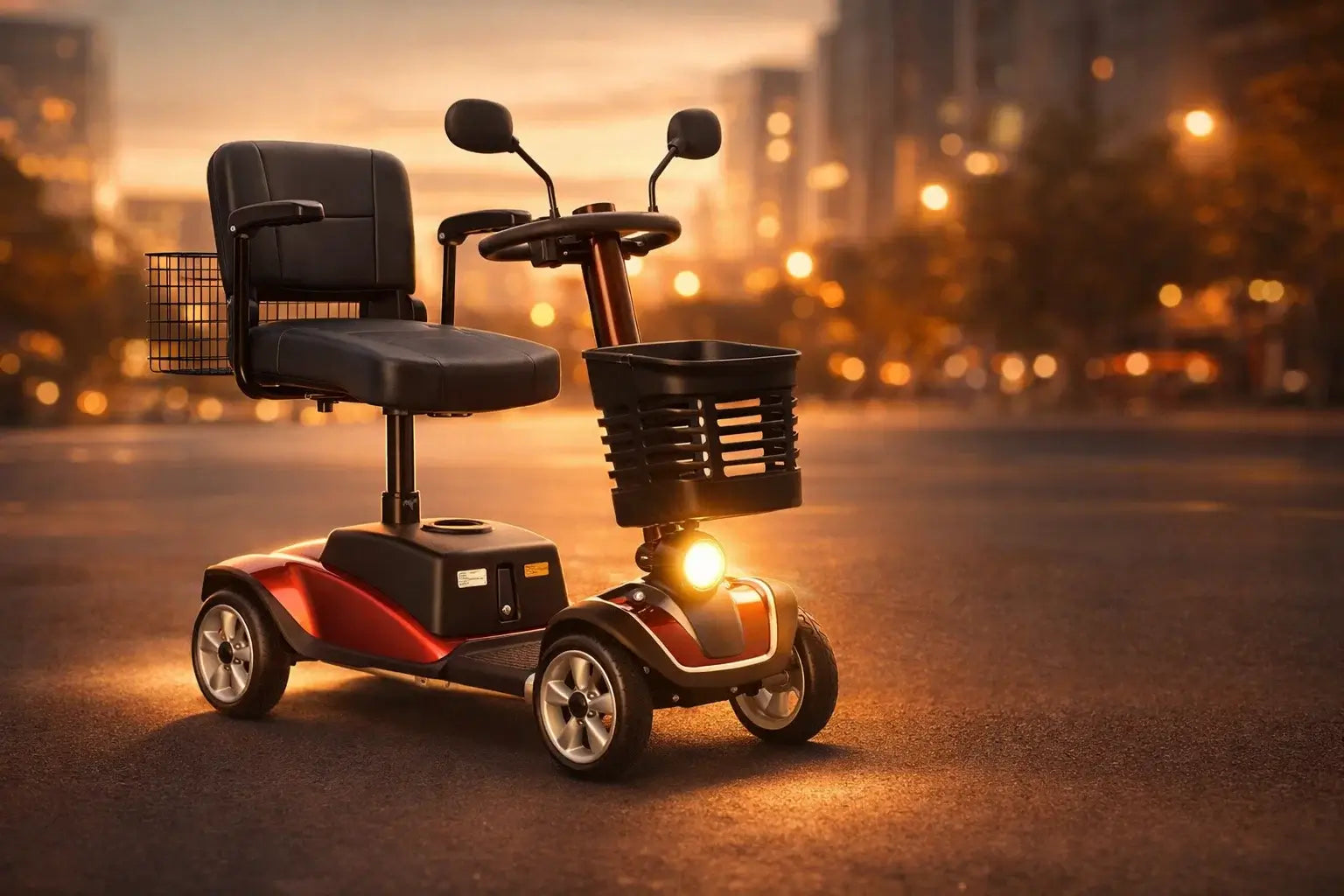 Electric mobility scooter in city street at night with warm lights