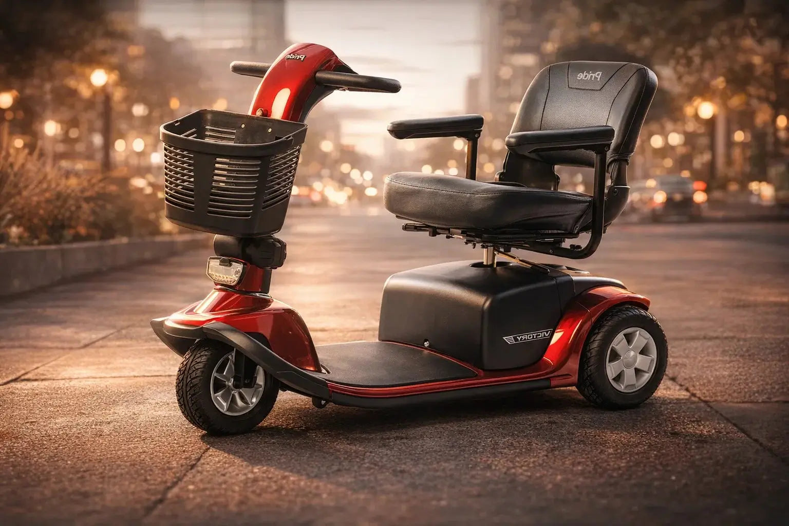 Red electric mobility scooter parked on urban street at dusk